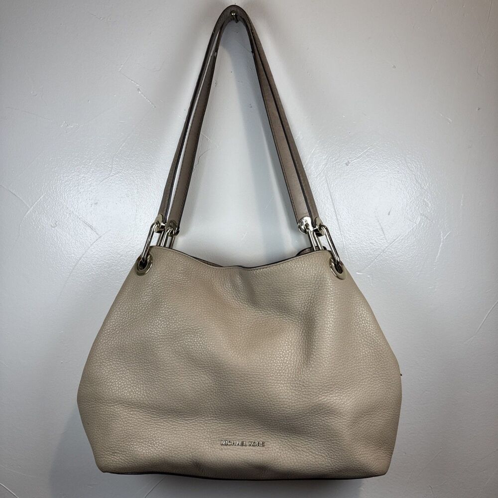 Michael Kors Raven Large Pebbled Leather Shoulder Tote Bag Purse Beige